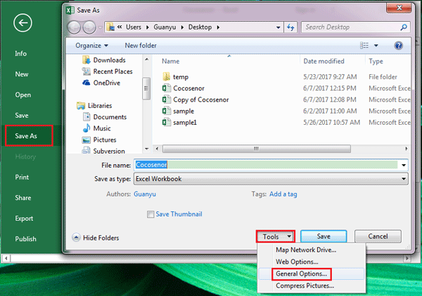 mở general options ở tools trong excel