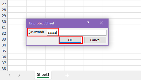 nhập mật khẩu để unprotect sheet