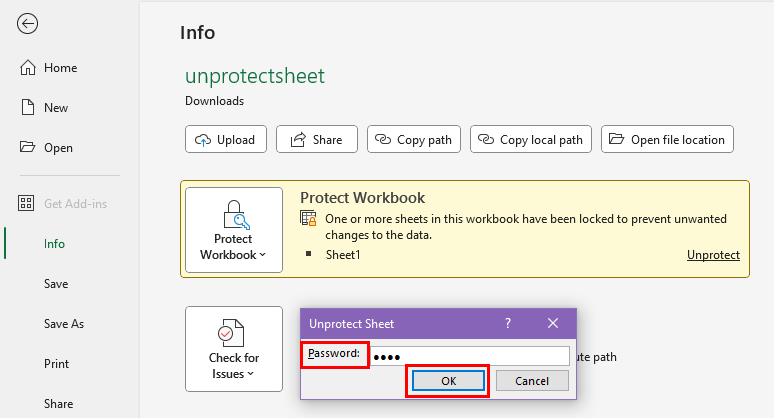nhập mật khẩu để unprotect trang trính trong Excel
