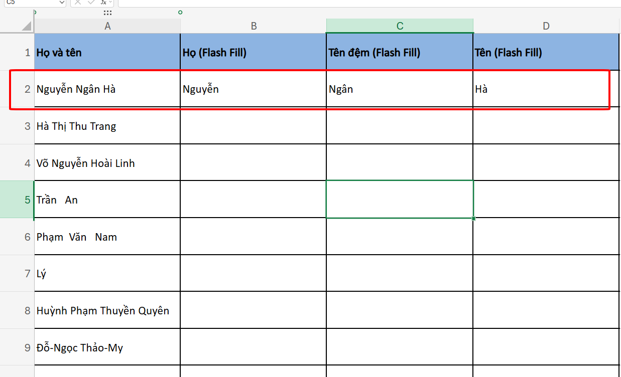 nhập mẫu để sử dụng flash fill tách họ và tên