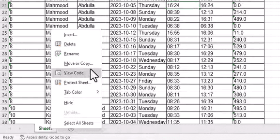 nhấp vào view code để mở VBA
