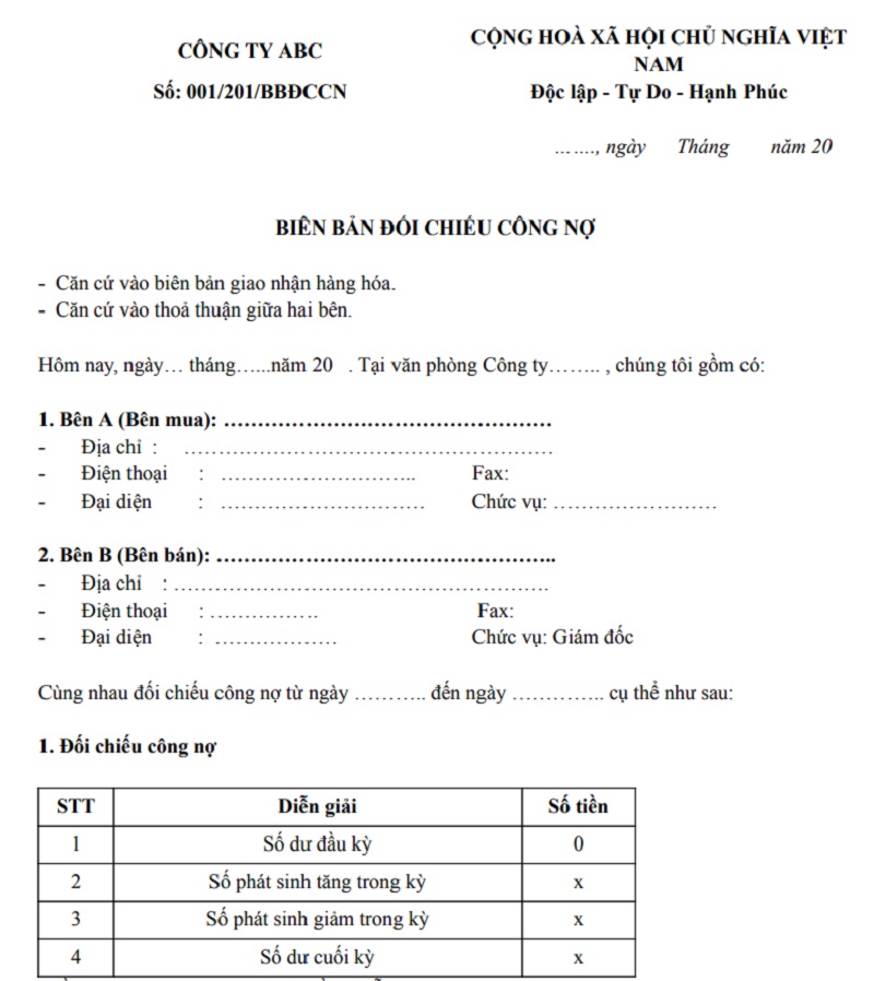 mẫu biên bản đối chiếu công nợ excel