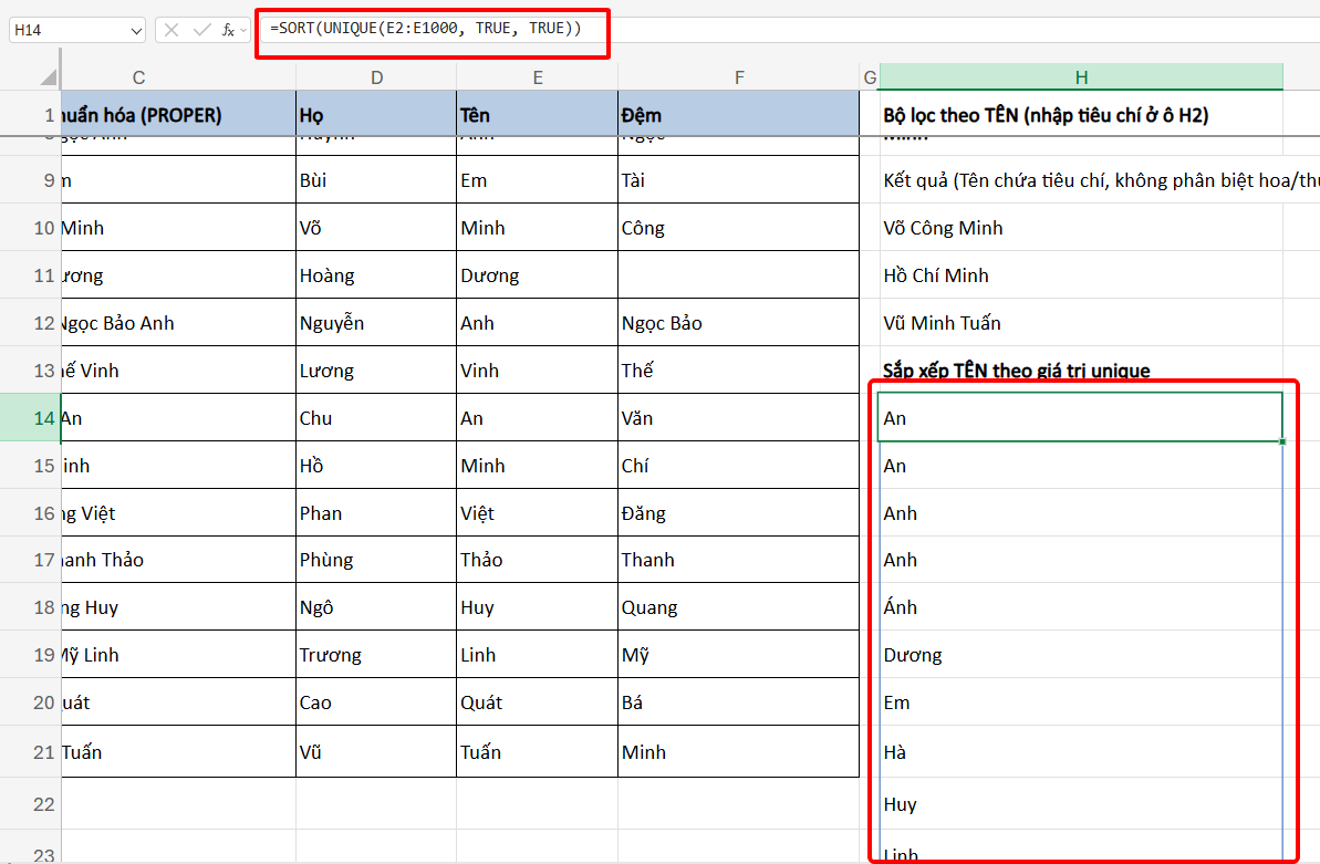 sắp xếp tên theo giá trị duy nhất