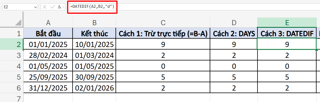 sử dụng hàm DATEDIF để tính số ngày giữa 2 mốc thời gian