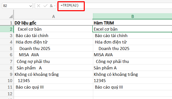sử dụng hàm TRIM để xóa khoảng trắng thừa đầu dòng