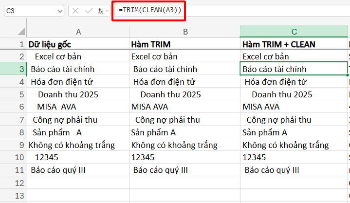 sử dụng hàm TRIM và CLEAN để xóa khoảng trắng