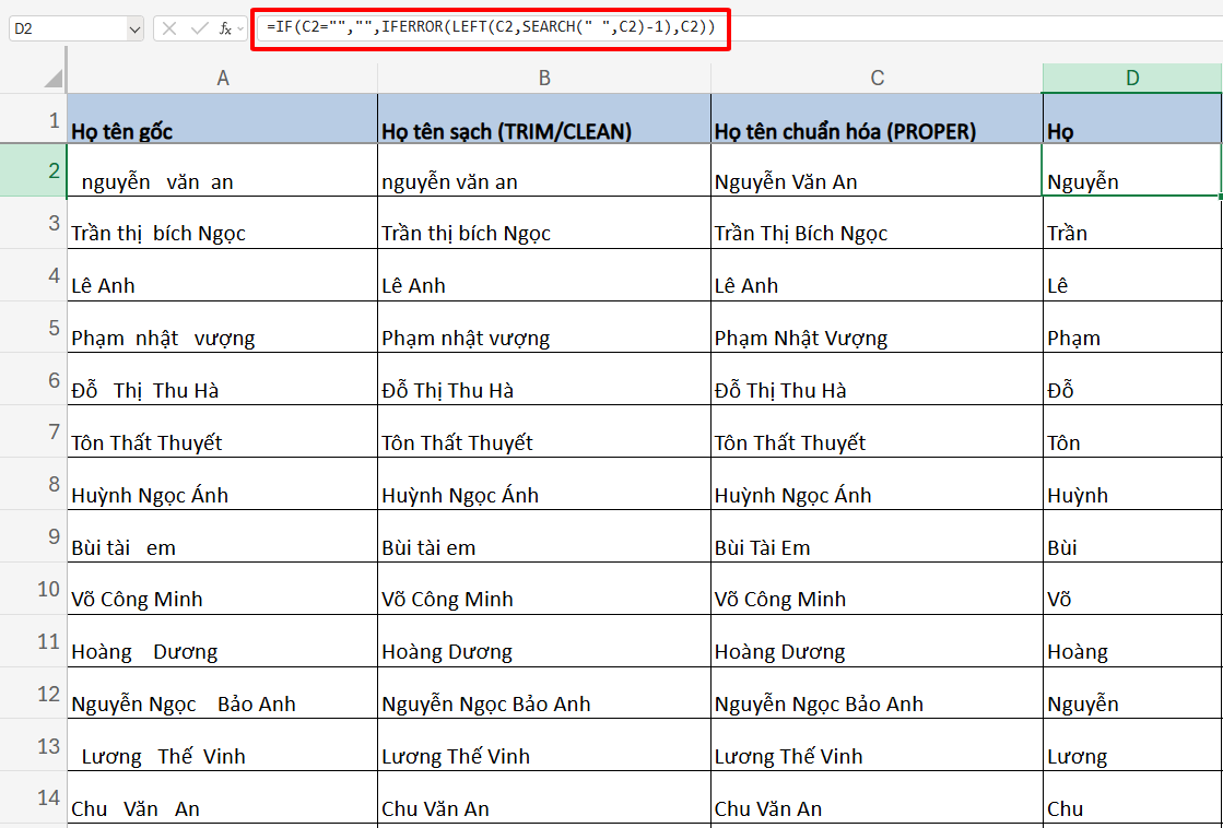 tách họ trong excel