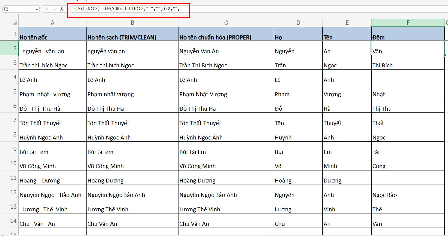 tách tên đệm trong Excel