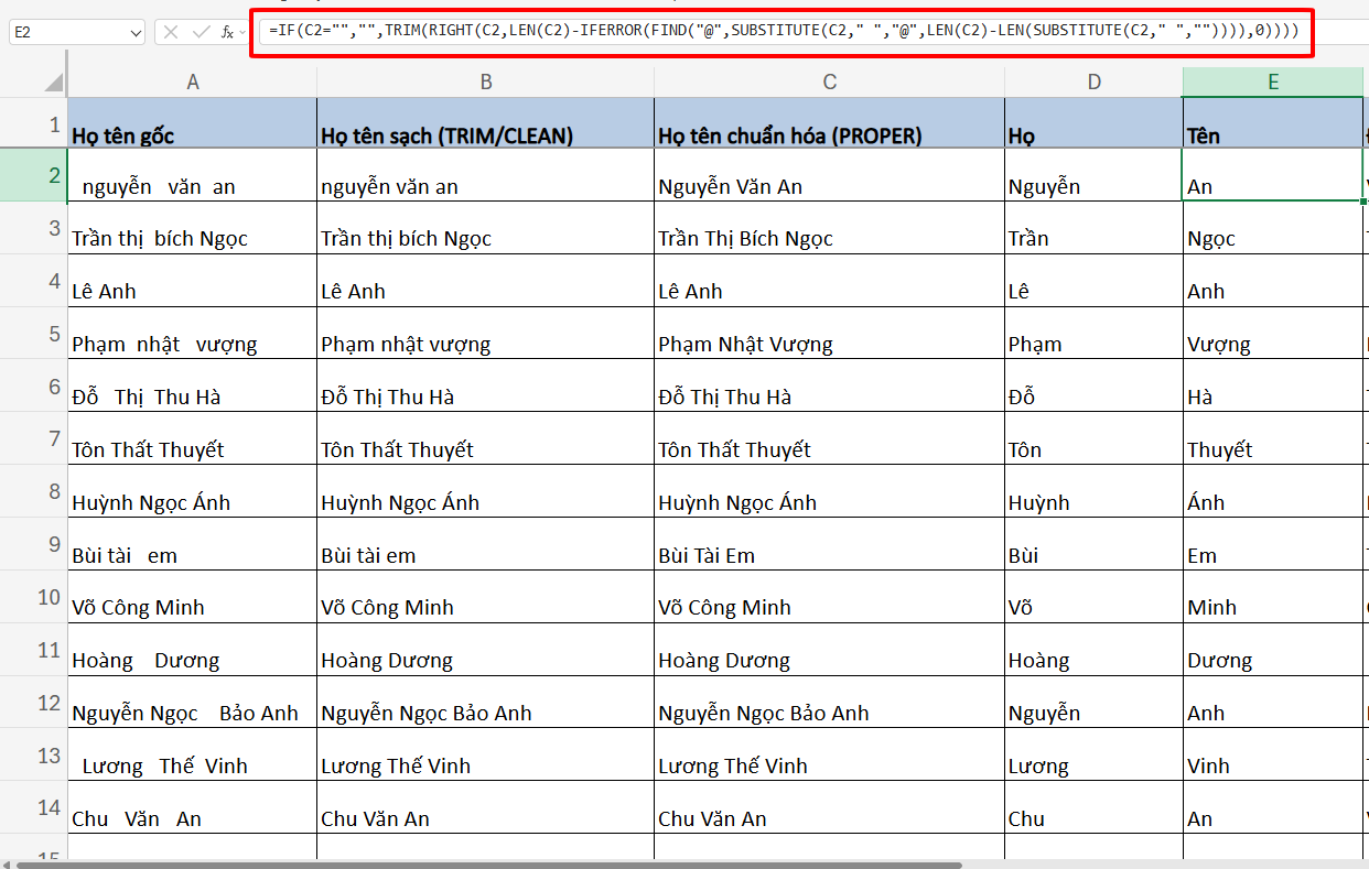 tách tên trong Excel