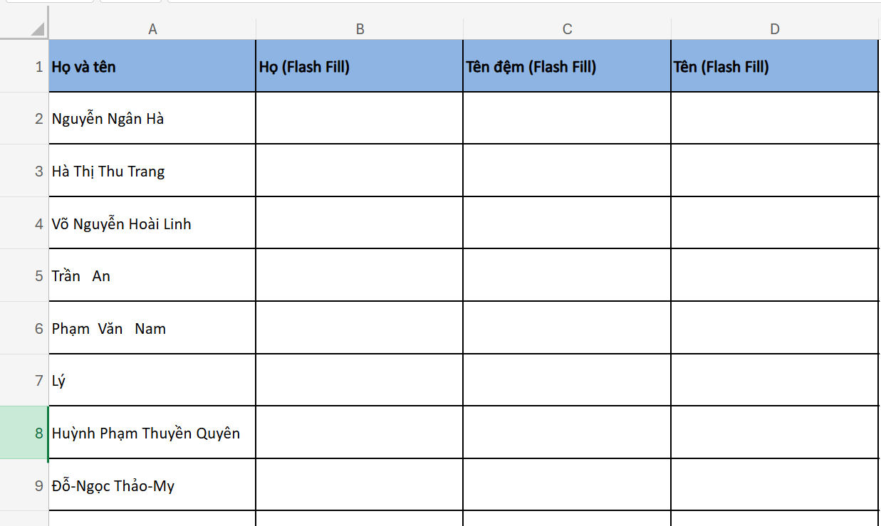tạo các cột phụ để sử dụng flash fill tách họ và tên