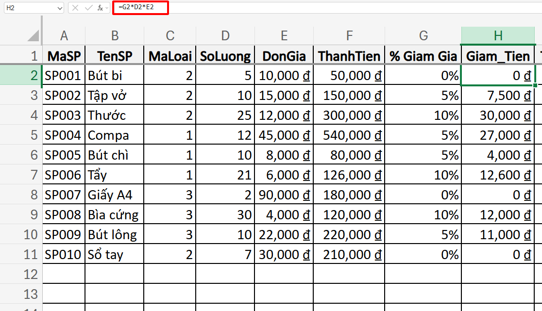 tính số tiền được giảm theo giảm giá số lượng