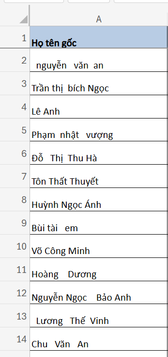 ví dụ bảng dữ liệu danh sách tên chưa làm sạch