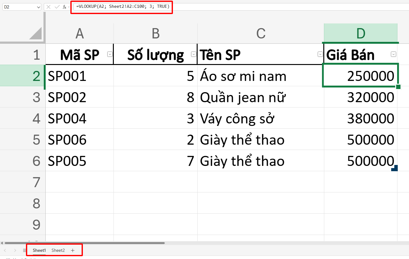Ví dụ công thức hàm VLOOKUP giữa 2 sheet