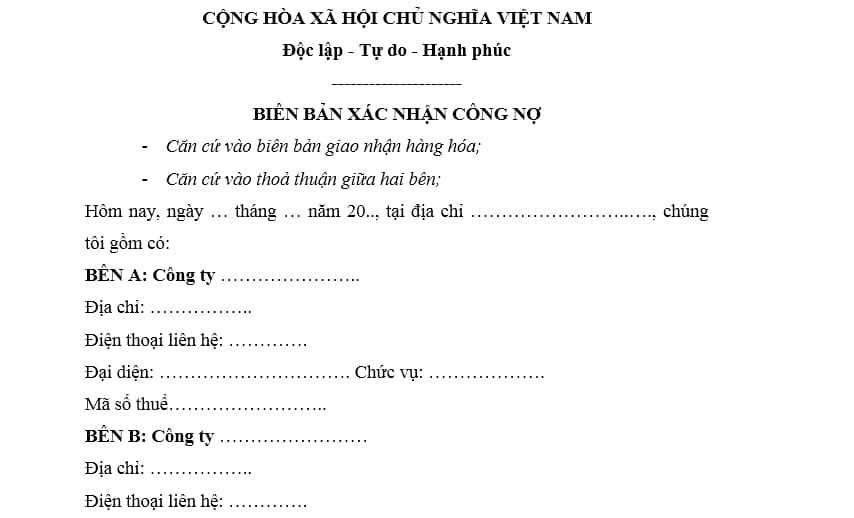 biên bản xác nhận công nợ
