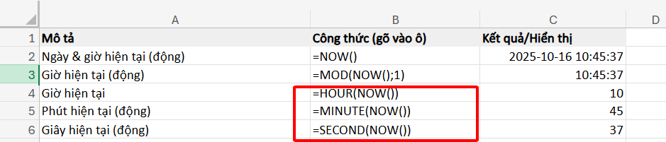 công thức lấy giờ phút giây hiện tại riêng lẻ