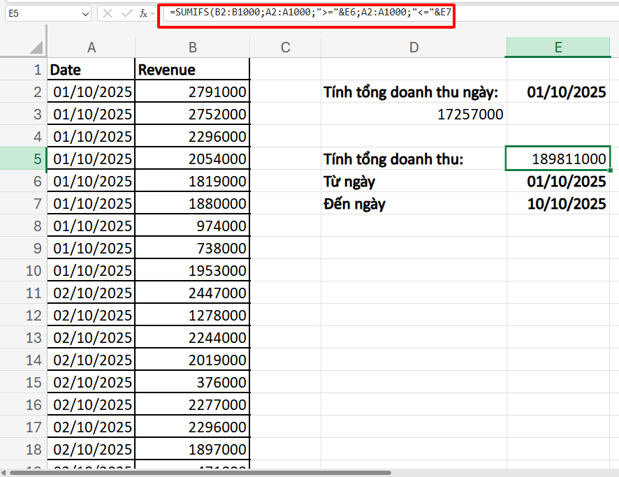 công thức tính tổng doanh theo khoảng ngày với SUMIFS