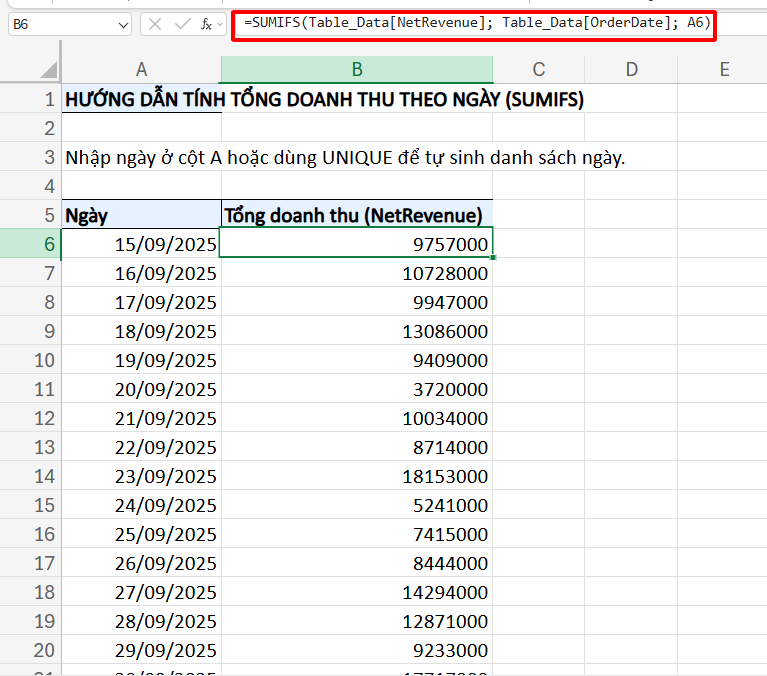 công thức tính tổng doanh thu theo ngày nâng cao