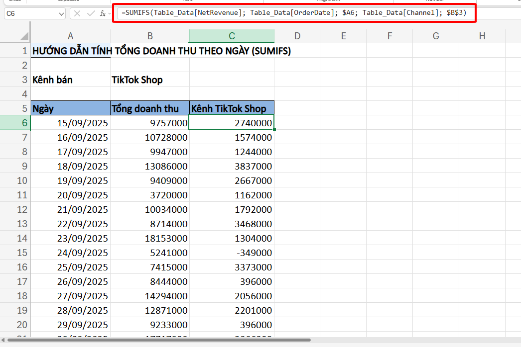 công thức tính tổng doanh thu theo ngày nhiều điều kiện