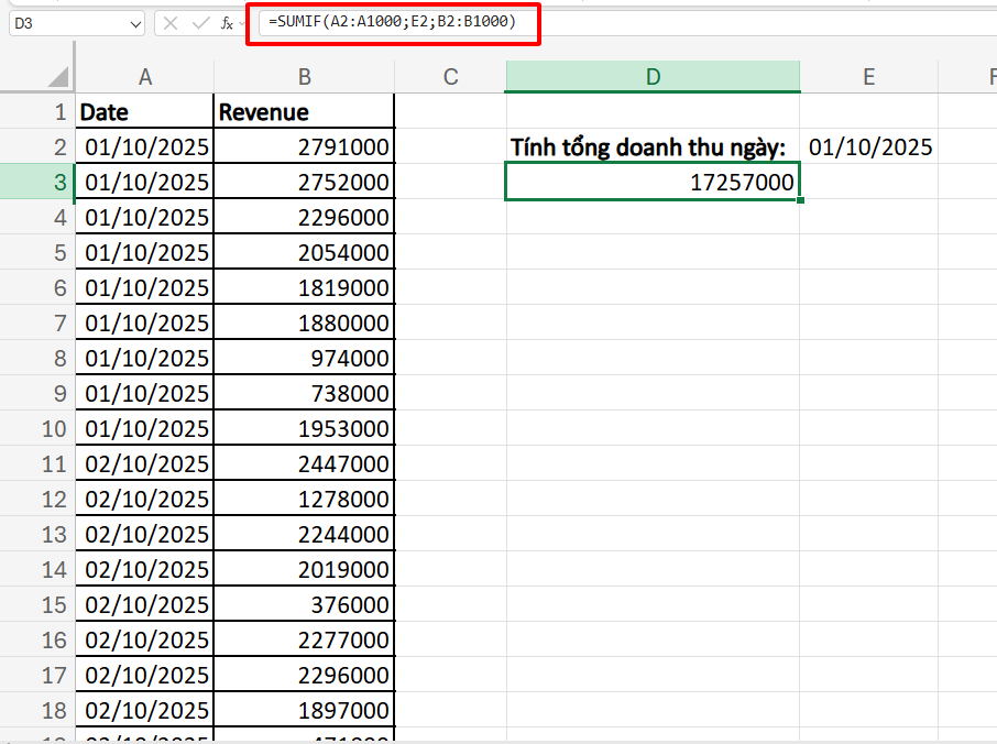 công thức tính tổng doanh thu theo ngày với SUMIF