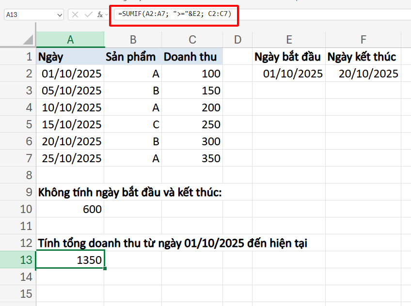 công thức tính tổng doanh thu từ ngày đến hiện tại