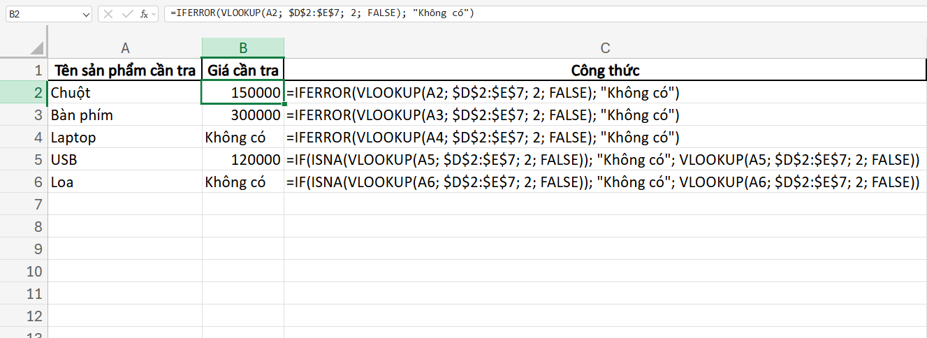 công thức tránh lỗi #NA với hàm IF và VLOOKUP