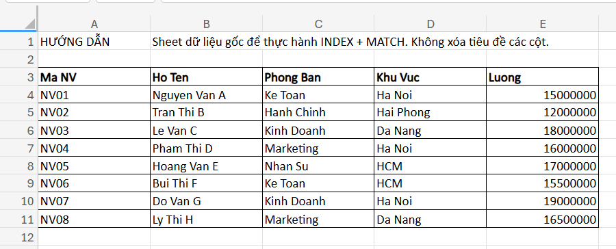 dữ liệu sử dụng hàm INDEX và MATCH nhiều điều kiện