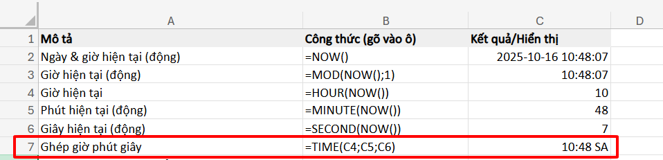 ghép giờ phút giây từ các giá trị riêng lẻ với hàm TIME