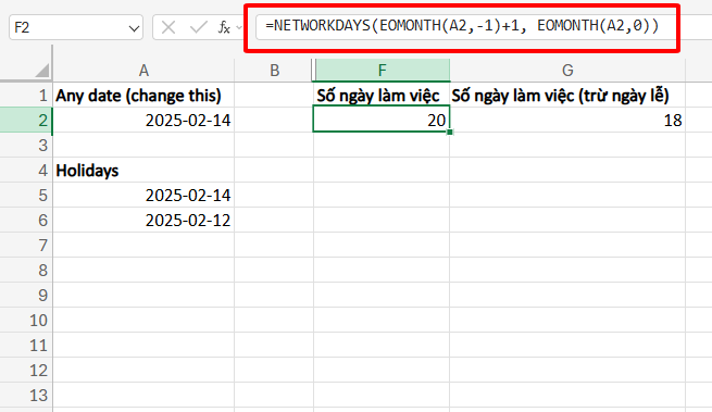 hàm đếm số ngày làm việc trong 1 tháng