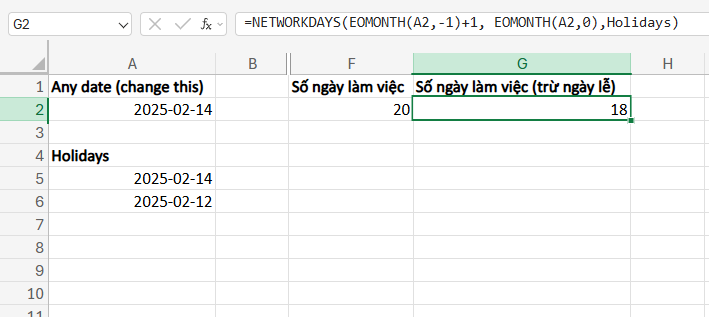 hàm tính số ngày làm việc trừ ngày lễ trong tháng