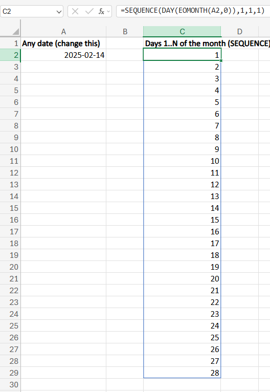 hàm trả về danh sách ngày đầy đủ của 1 tháng