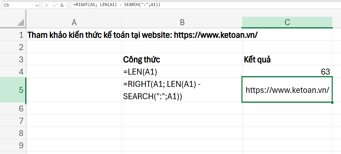 kết hợp hàm LEN với hàm RIGHT và SEARCH