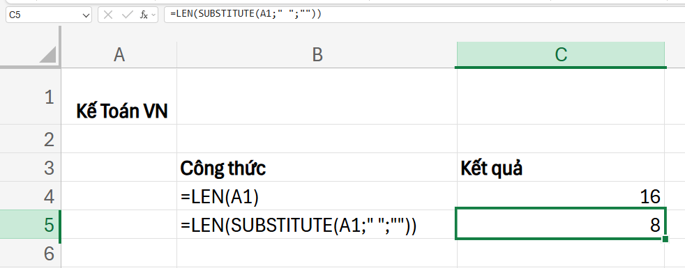 kết hợp hàm LEN với hàm SUBTITUTE