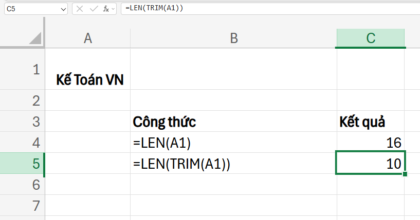 kết hợp hàm LEN với hàm TRIM