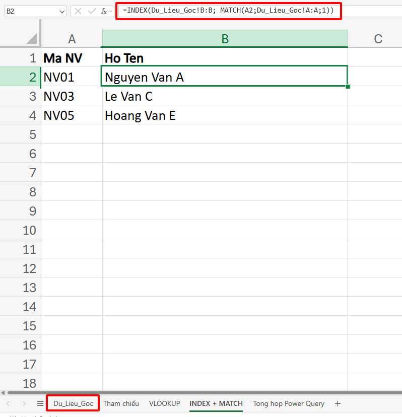 lấy dữ liệu từ sheet này sang sheet khác với INDEX và MATCH