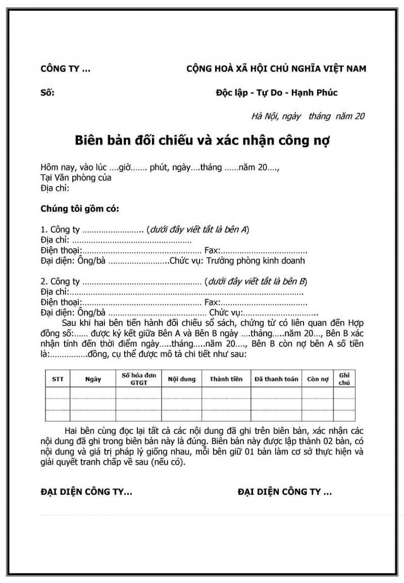 biên bản đối chiếu công nợ
