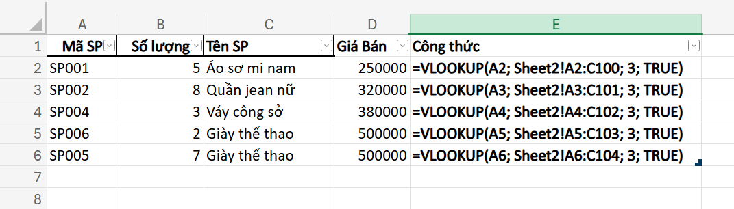 minh họa việc không cố định vùng tra cứu dữ liệu khi sử dụng vlookup