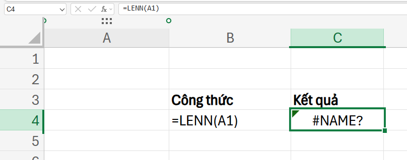 nhập sai tên hàm trả về lỗi NAME