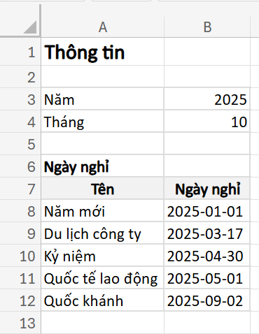 tạo danh sách ngày nghỉ để tính số ngày làm việc trong tháng