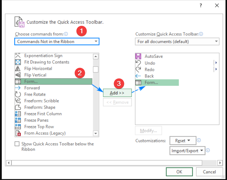 thêm form vào trong QAT trong Excel