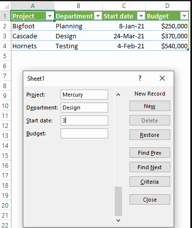 tính năng tạo form nhập dữ liệu trong excel