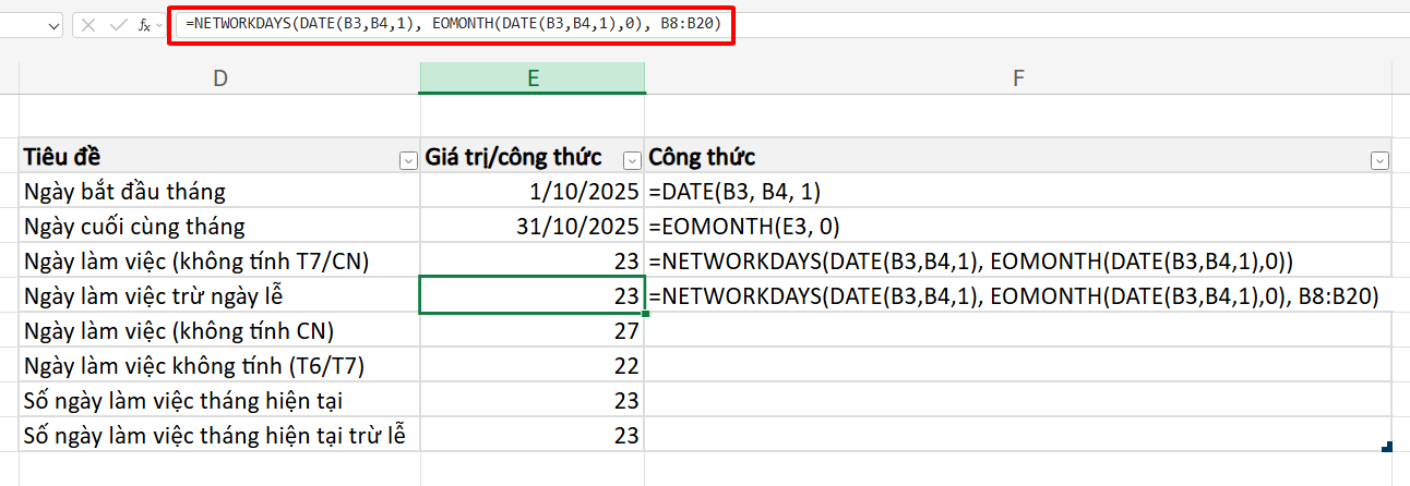 tính ngày làm việc trong tháng trừ ngày lễ