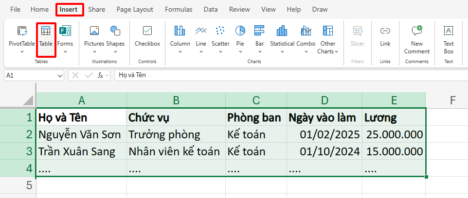 vào insert chọn table trong excel