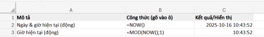 ví dụ lấy giờ phút giây hiện tại với hàm NOW