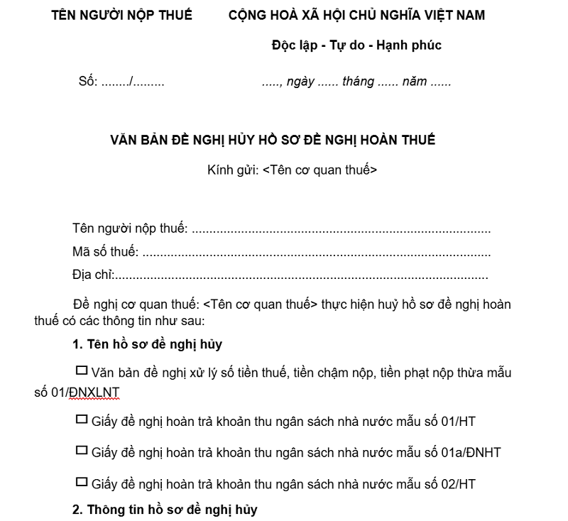 cách hủy hồ sơ hoàn thuế TNCN qua mạng