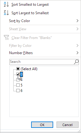 chọn giá trị 0 trong bộ lọc