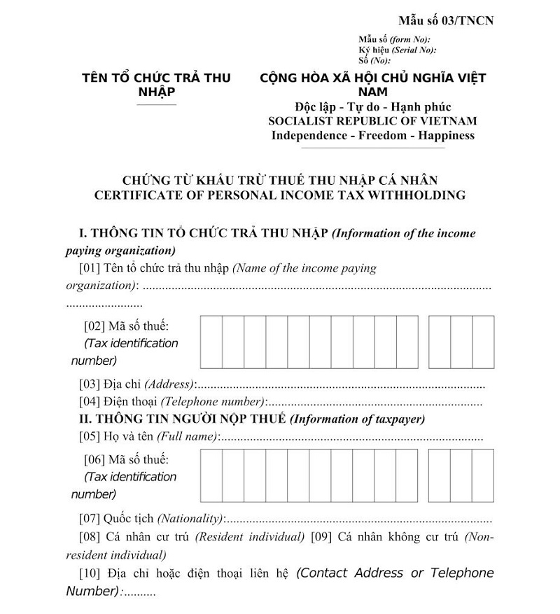chứng từ khấu trừ thuế tncn