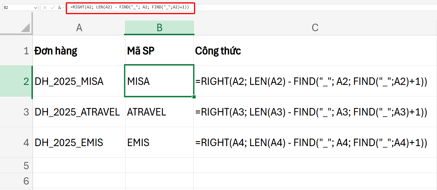 công thức hàm FIND kết hợp để tách chuỗi văn bản