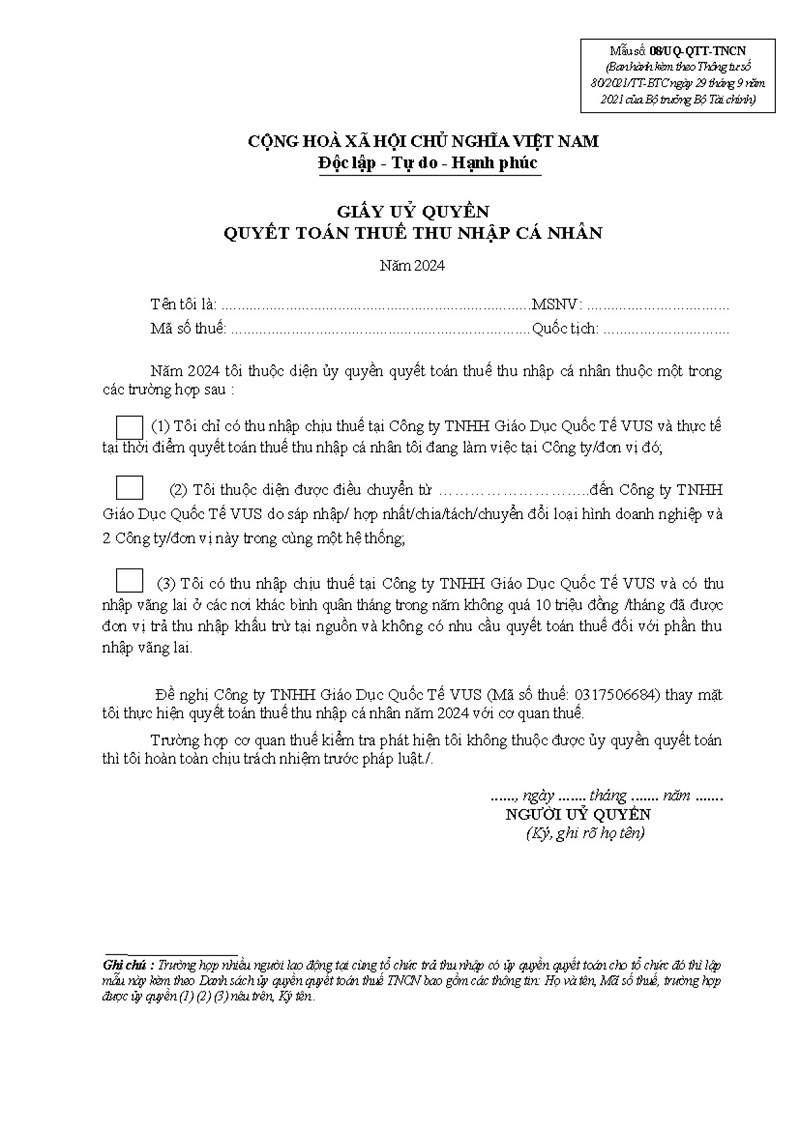 điều kiện ủy quyền quyết toán thuế tncn