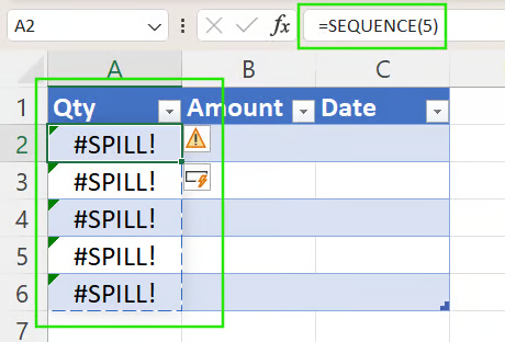 lỗi spill trong excel vì dùng hàm tạo mảng động trong bảng