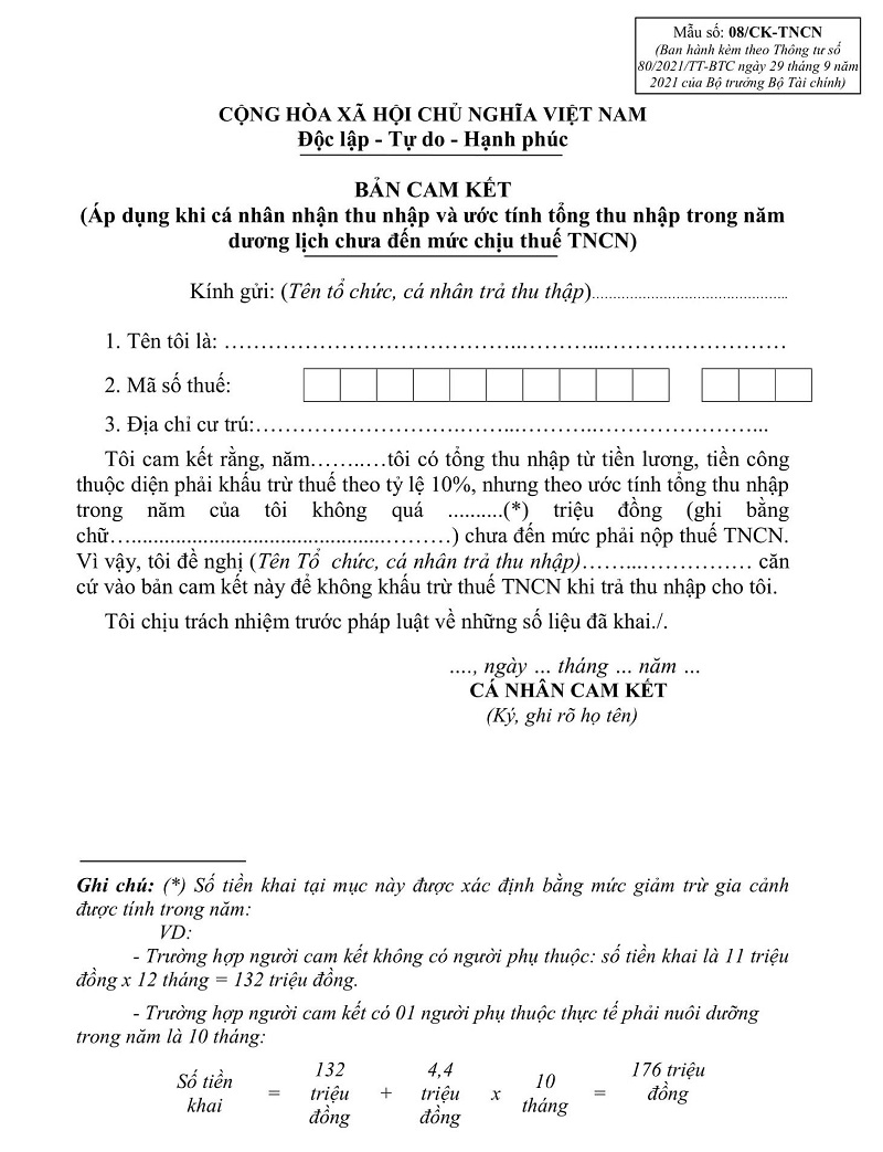 mẫu cam kết thuế tncn (mẫu 08/ck-tncn)